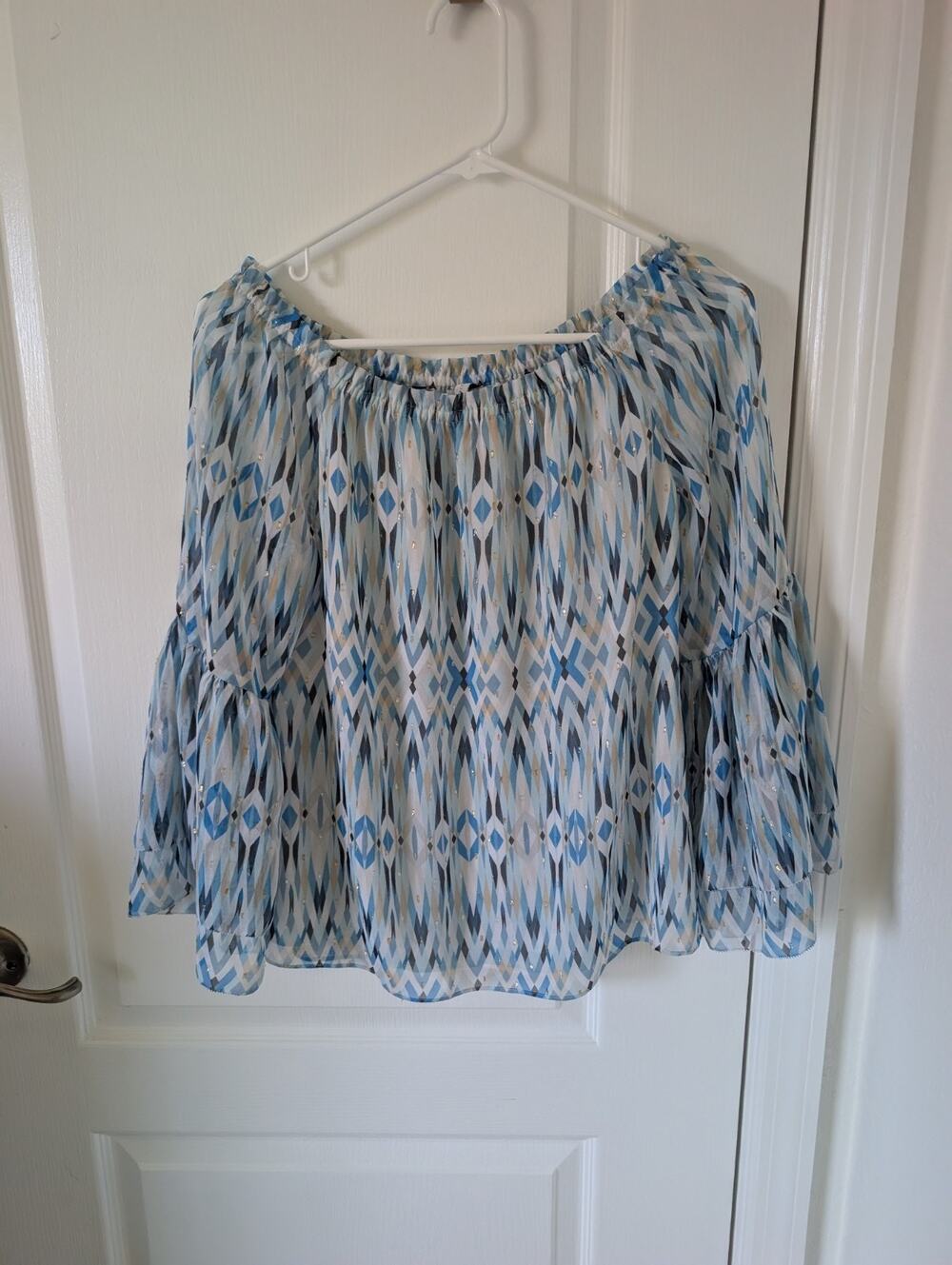 White House Black Market Bell Sleeve Blue Sheer Off The Shoulder Blouse S BOHO